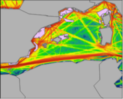 Map of the planning site showing relative intensity of ship traffic and the placement of offshore wind farms and Natura2000 sites