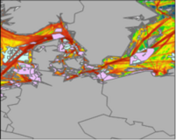 Map of the planning site showing relative intensity of ship traffic and the placement of offshore wind farms and Natura2000 sites