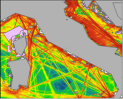 Map of the planning site showing relative intensity of ship traffic and the placement of offshore wind farms and Natura2000 sites